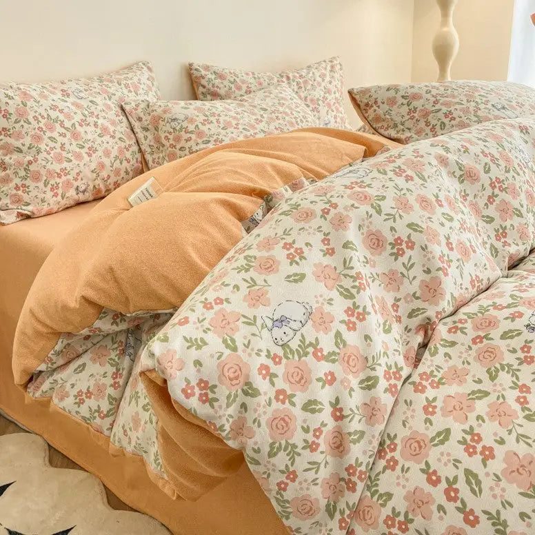Tangerine Crush Thick Brushed Cotton 4-Piece Bed Sheet Set (1.5m Bed) - Fits 200x230cm Duvet - Home & Garden > Bedding