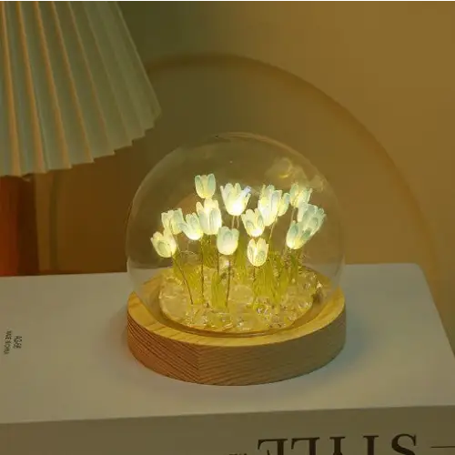(Ten Blue Tulips) Glowing Tulip Dome Lamp - Wooden Base Bedside Table Decoration - Home & Garden > Lighting > Night