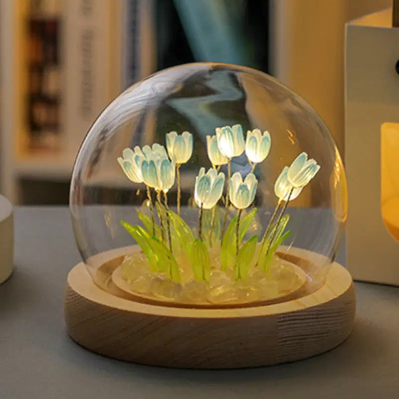 (Ten Blue Tulips) Glowing Tulip Dome Lamp - Wooden Base Bedside Table Decoration - Home & Garden > Lighting > Night