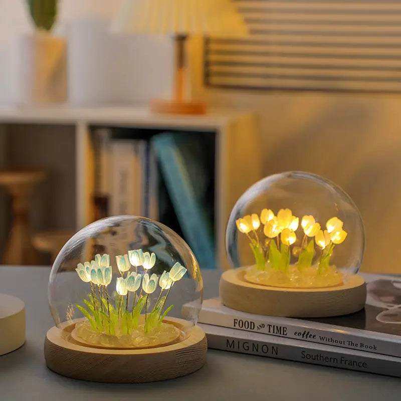 (Ten Blue Tulips) Glowing Tulip Dome Lamp - Wooden Base Bedside Table Decoration - Home & Garden > Lighting > Night