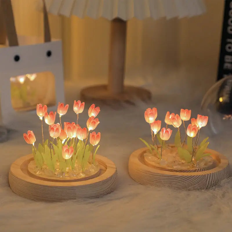 (Ten Pink Tulips) Glowing Tulip Dome Lamp - Wooden Base Bedside Table Decoration - Home & Garden > Lighting > Night