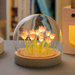 (Ten Pink Tulips) Glowing Tulip Dome Lamp - Wooden Base Bedside Table Decoration - Home & Garden > Lighting > Night