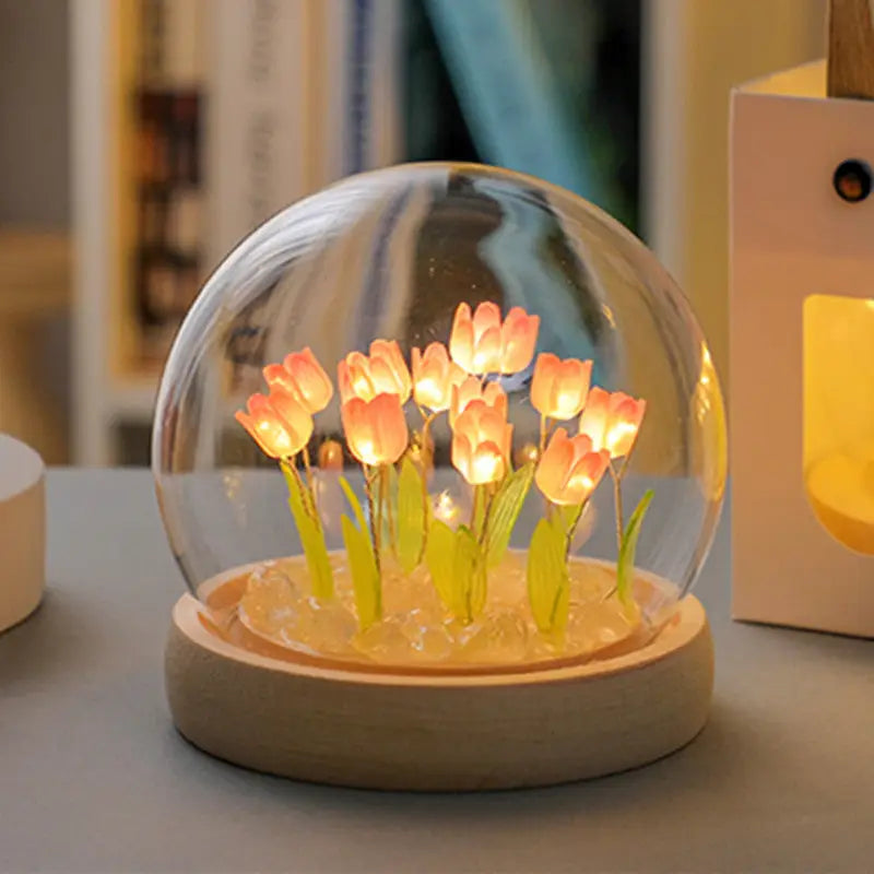 (Ten Pink Tulips) Glowing Tulip Dome Lamp - Wooden Base Bedside Table Decoration - Home & Garden > Lighting > Night