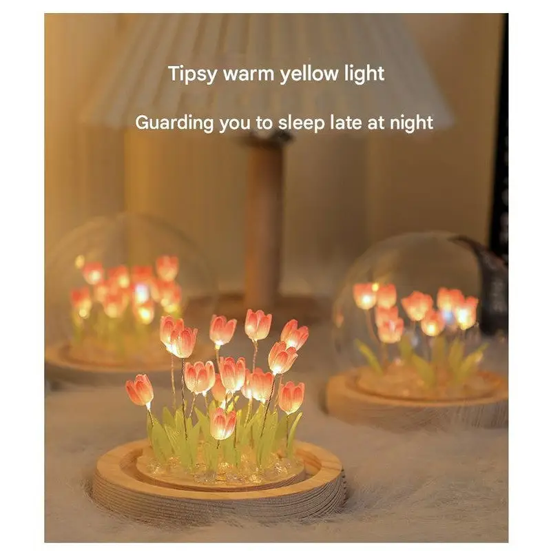 (Ten Pink Tulips) Glowing Tulip Dome Lamp - Wooden Base Bedside Table Decoration - Home & Garden > Lighting > Night