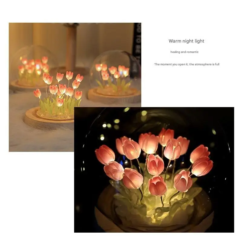 (Ten Pink Tulips) Glowing Tulip Dome Lamp - Wooden Base Bedside Table Decoration - Home & Garden > Lighting > Night