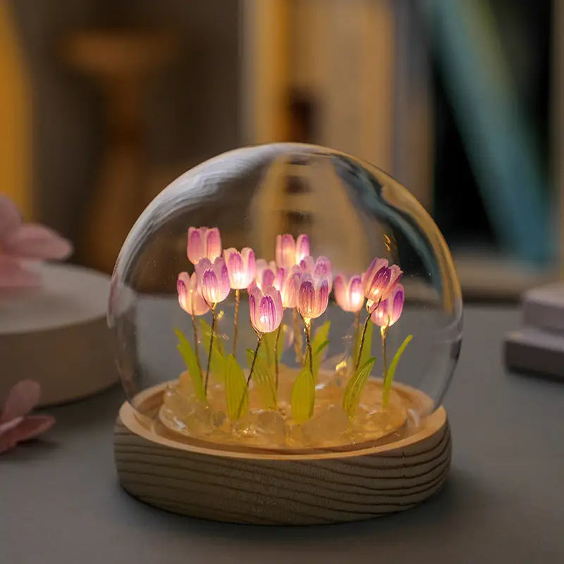 (Ten Purple Tulips) Glowing Tulip Dome Lamp - Wooden Base Bedside Table Decoration - Home & Garden > Lighting > Night