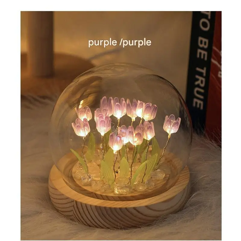 (Ten Purple Tulips) Glowing Tulip Dome Lamp - Wooden Base Bedside Table Decoration - Home & Garden > Lighting > Night