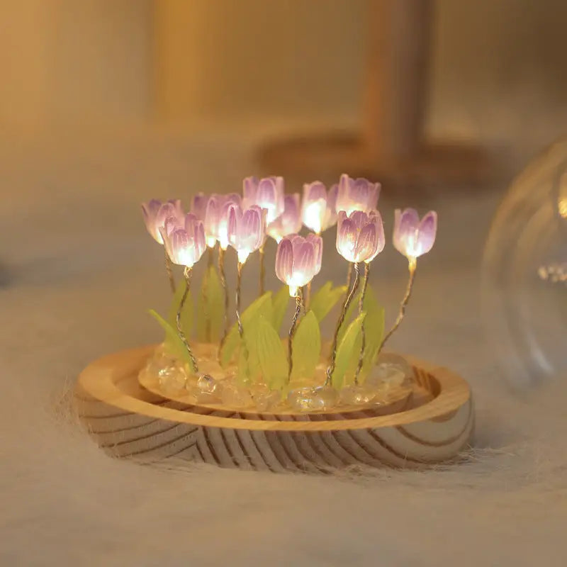 (Ten Purple Tulips) Glowing Tulip Dome Lamp - Wooden Base Bedside Table Decoration - Home & Garden > Lighting > Night