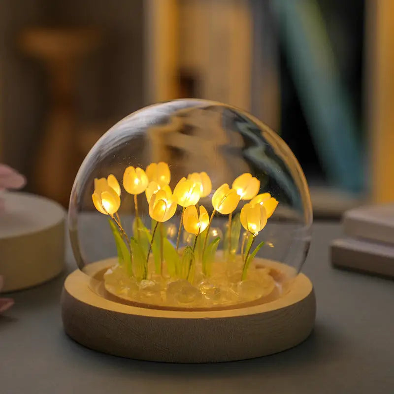 (Ten Yellow Tulips) Glowing Tulip Dome Lamp - Wooden Base Bedside Table Decoration - Home & Garden > Lighting > Night