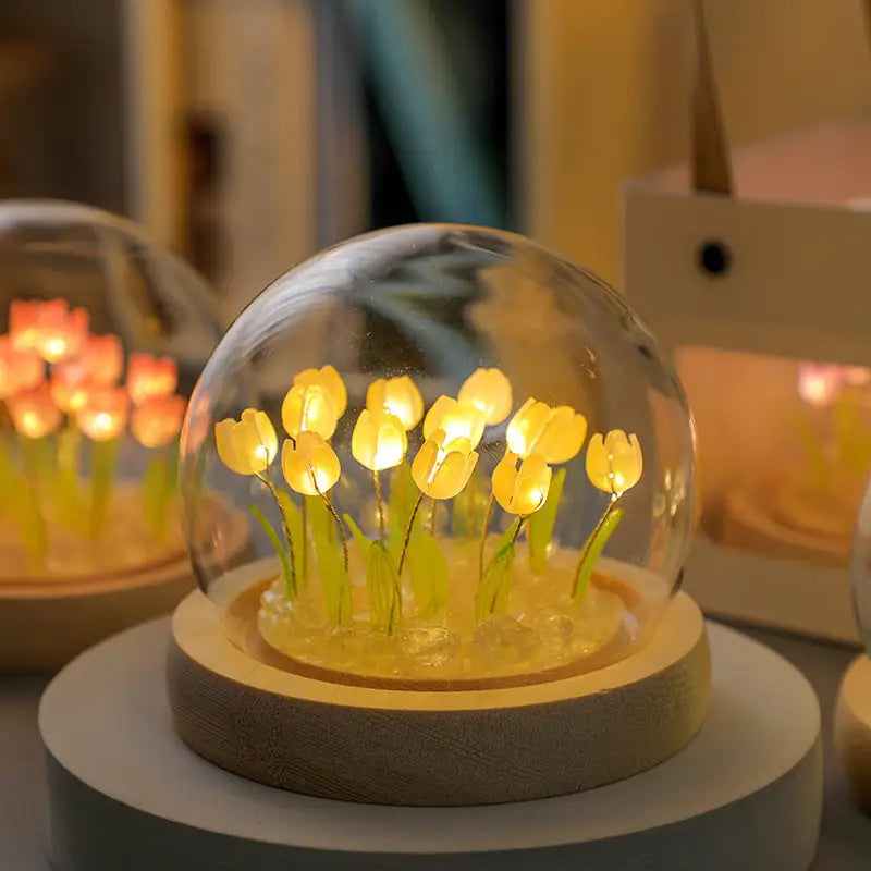 (Ten Yellow Tulips) Glowing Tulip Dome Lamp - Wooden Base Bedside Table Decoration - Home & Garden > Lighting > Night