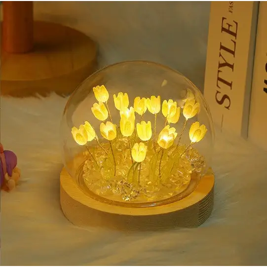 (Ten Yellow Tulips) Glowing Tulip Dome Lamp - Wooden Base Bedside Table Decoration - Home & Garden > Lighting > Night