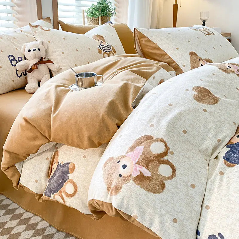 Thick Brushed Cotton 4-Piece Bed Sheet Set (1.5m Bed) - Fits 200x230cm Duvet - Home & Garden > Bedding > Duvet Covers