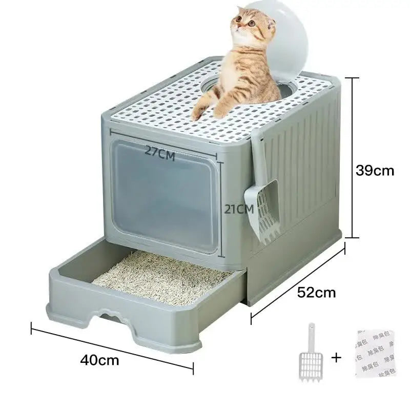 Top-Entry Cat Litter Box with Drawer - Enclosed Design Easy Clean Odor Control Anti-Tracking Lid Grey - Pet Care > Cat