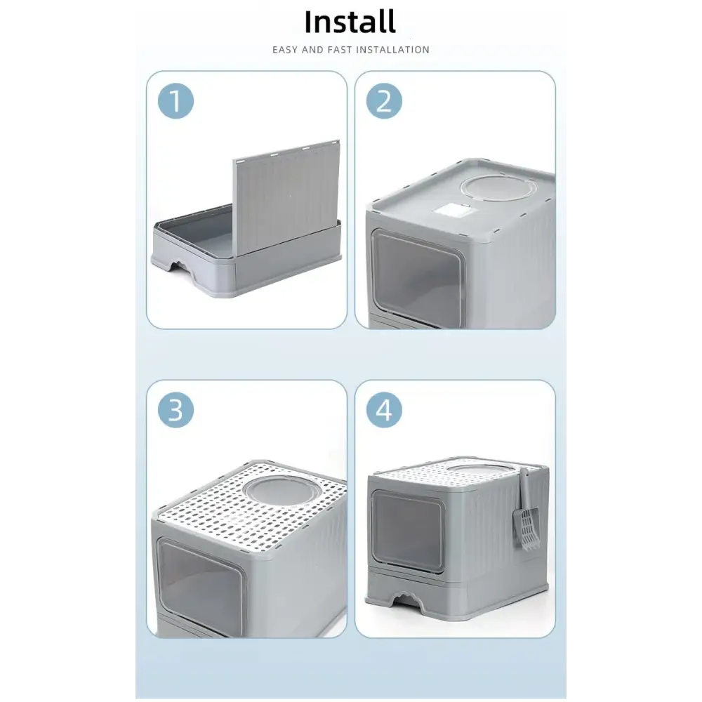 Top-Entry Cat Litter Box with Drawer - Enclosed Design Easy Clean Odor Control Anti-Tracking Lid Grey - Pet Care > Cat