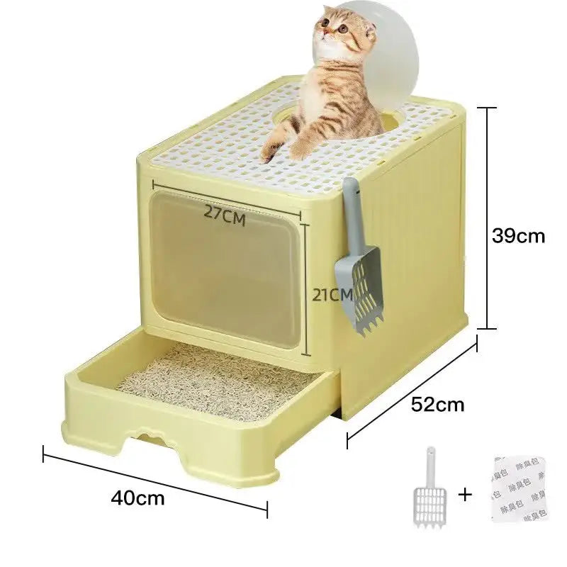 Top-Entry Cat Litter Box with Drawer-Enclosed Design Easy Clean Odor Control Anti-Tracking Lid Yellow - Pet Care > Cat