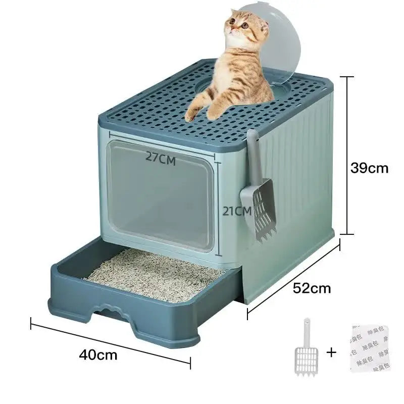Top-Entry Cat Litter Box with Drawer-Enclosed Design Easy Clean Odor Control Anti-Tracking Lid Green - Pet Care > Cat