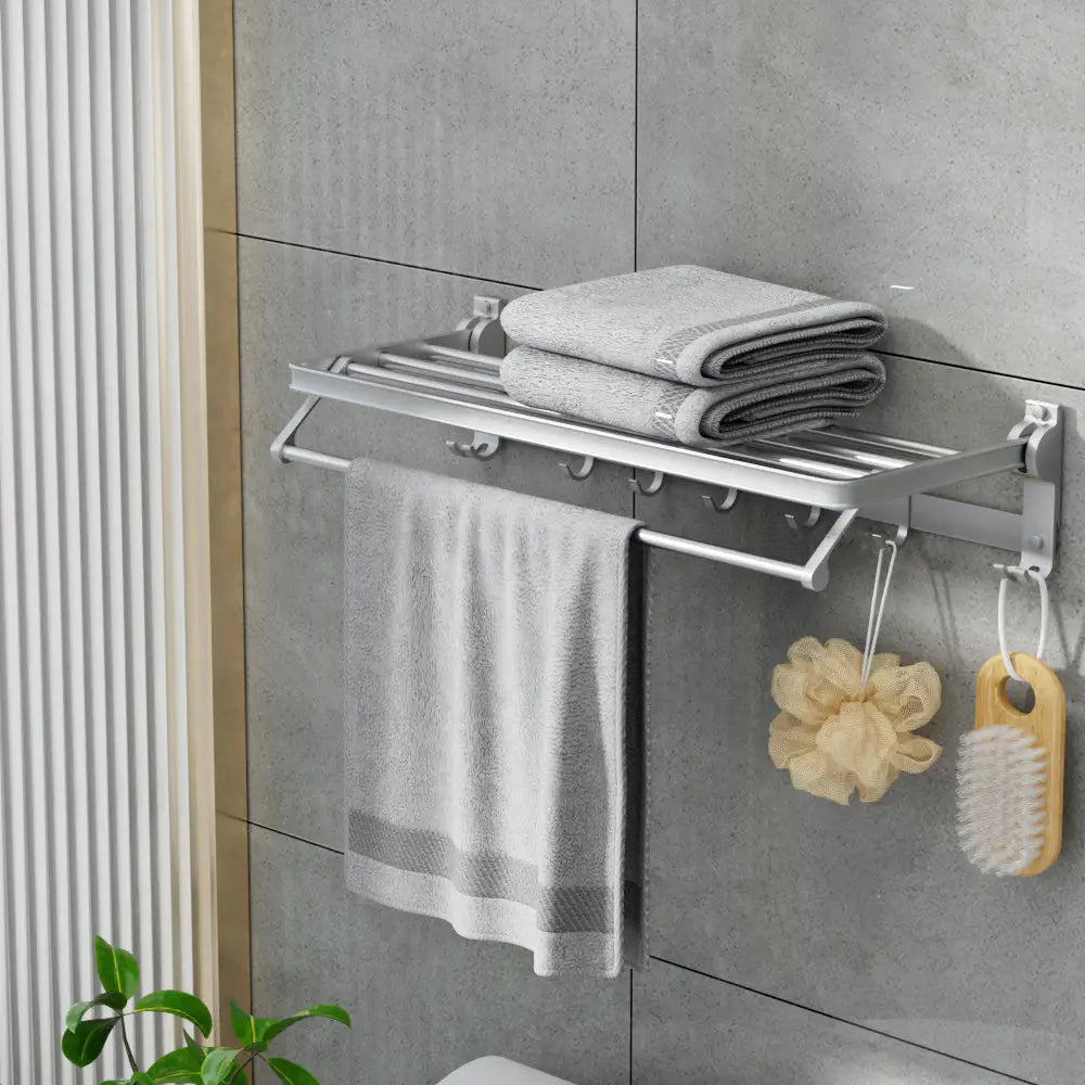 Towel Rail Rack Holder 4 Bars Wall Mounted Aluminium Foldable Hanging Hook - Furniture > Bathroom