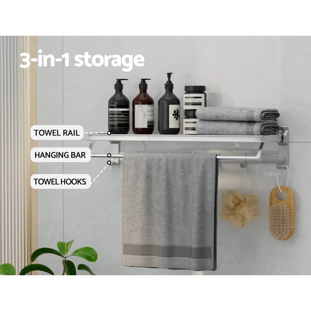 Towel Rail Rack Holder 4 Bars Wall Mounted Aluminium Foldable Hanging Hook - Furniture > Bathroom
