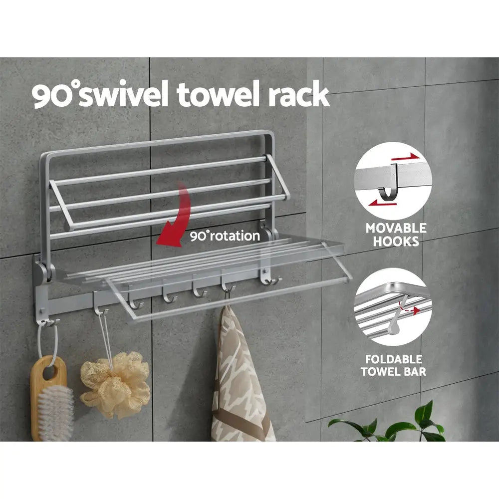 Towel Rail Rack Holder 4 Bars Wall Mounted Aluminium Foldable Hanging Hook - Furniture > Bathroom
