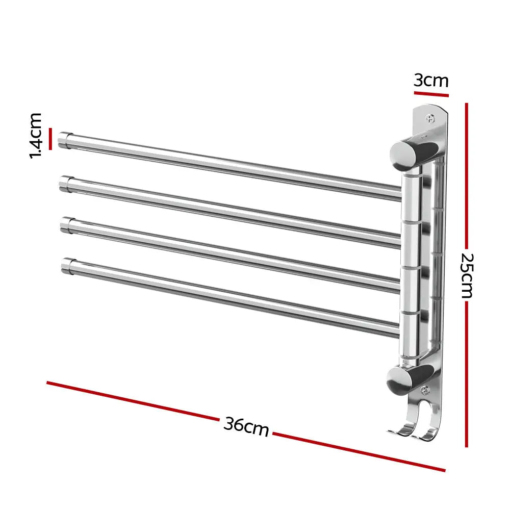 Towel Rail Rack Holder 4 Bars Wall Mounted Stainless Steel Swivel Hanging Hook - Home & Garden > Bathroom Accessories >