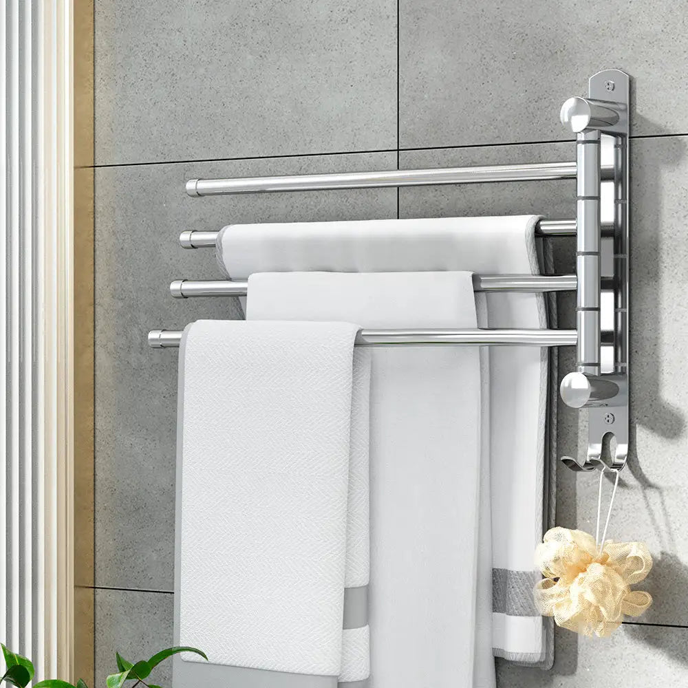 Towel Rail Rack Holder 4 Bars Wall Mounted Stainless Steel Swivel Hanging Hook - Home & Garden > Bathroom Accessories >