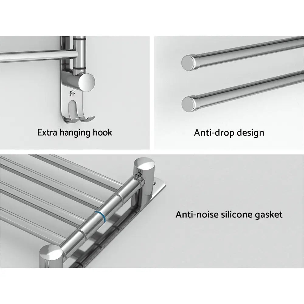 Towel Rail Rack Holder 4 Bars Wall Mounted Stainless Steel Swivel Hanging Hook - Home & Garden > Bathroom Accessories >