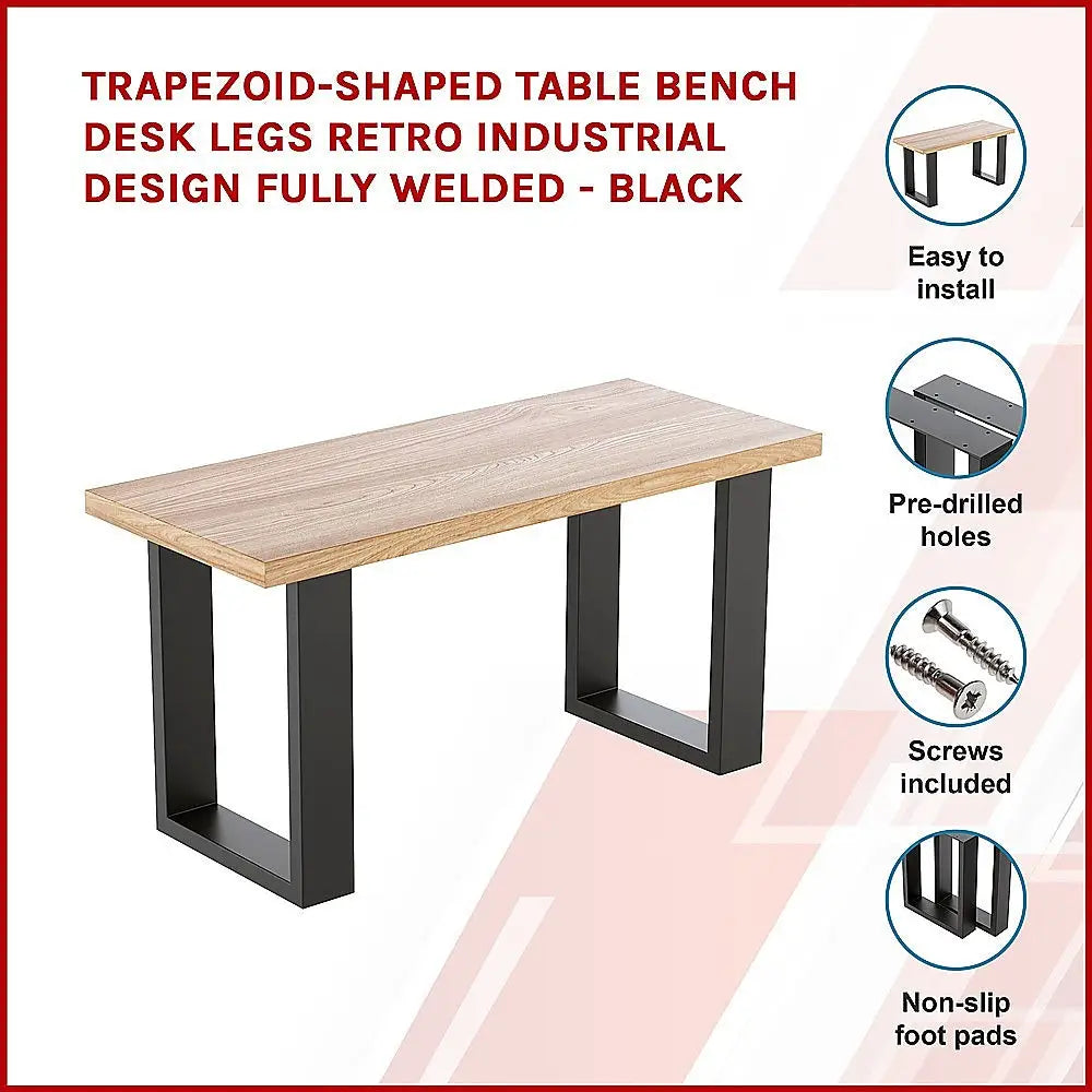 Trapezoid-Shaped Table Bench Desk Legs Retro Industrial Design Fully Welded - Black - Furniture > Office