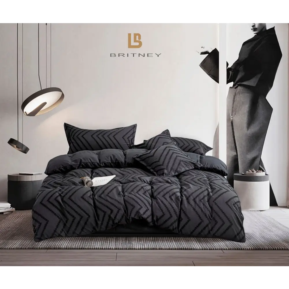 Tufted Boho Wave Jacquard King Size Black Duvet Quilt Cover Set - Home & Garden > Bedding