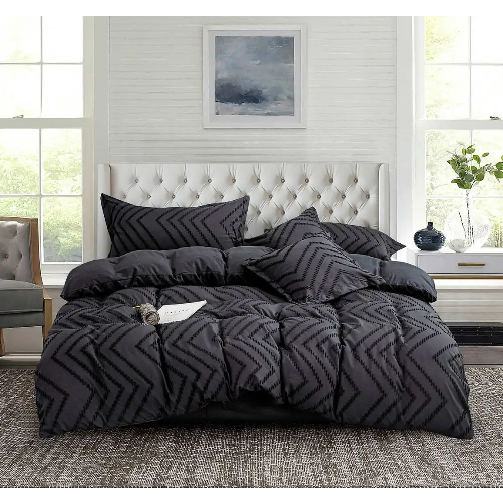 Tufted Boho Wave Jacquard Queen Size Black Duvet Quilt Cover Set - Home & Garden > Bedding