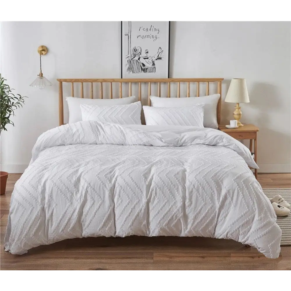 Tufted Boho Wave Jacquard Queen Size White Duvet Quilt Cover Set - Home & Garden > Bedding