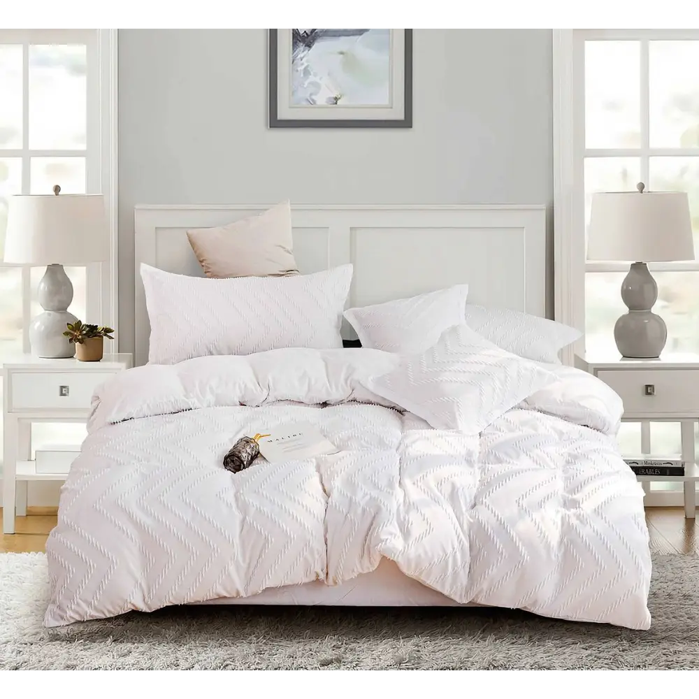 Tufted Boho Wave Jacquard Queen Size White Duvet Quilt Cover Set - Home & Garden > Bedding