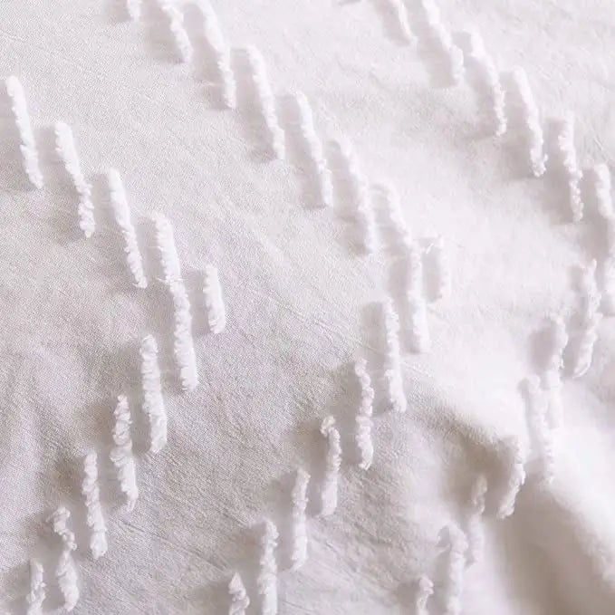 Tufted Boho Wave Jacquard Queen Size White Duvet Quilt Cover Set - Home & Garden > Bedding