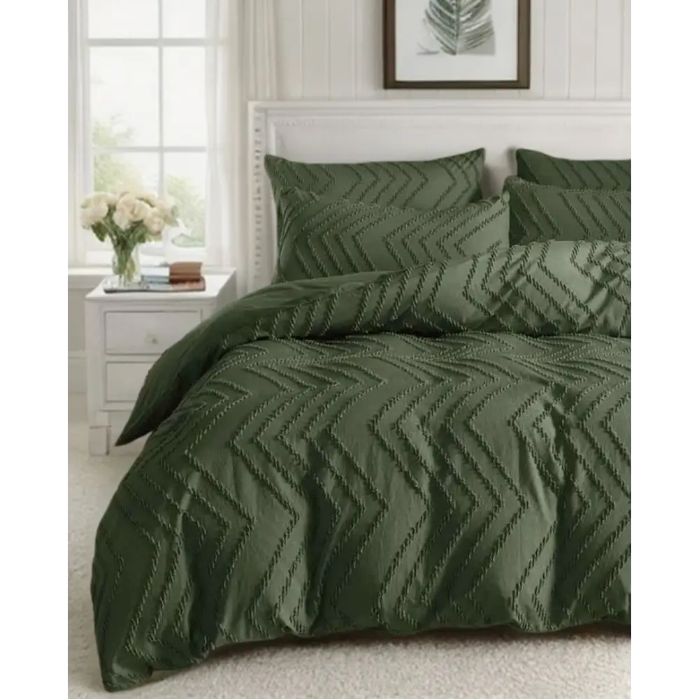 Tufted Boho Wave Jacquard Quilt Cover Set- Dark Green - Super King Size - Home & Garden > Bedding