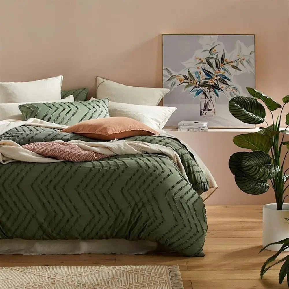 Tufted Boho Wave Jacquard Quilt Cover Set- Dark Green - Super King Size - Home & Garden > Bedding