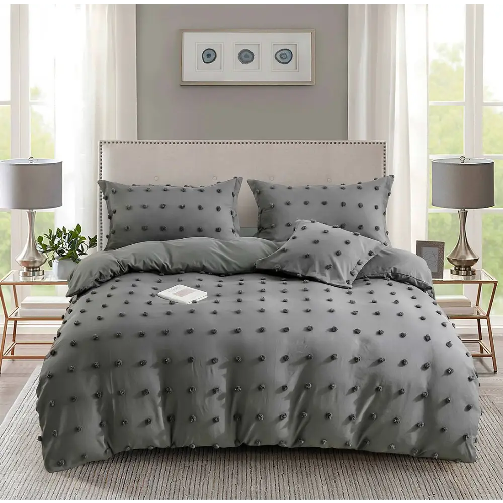 Tufted Dot Jacquard Queen Size Grey Duvet Quilt Cover Set - Home & Garden > Bedding