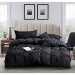 Tufted Textured Jacquard Queen Size Black Duvet Quilt Cover Set - Home & Garden > Bedding