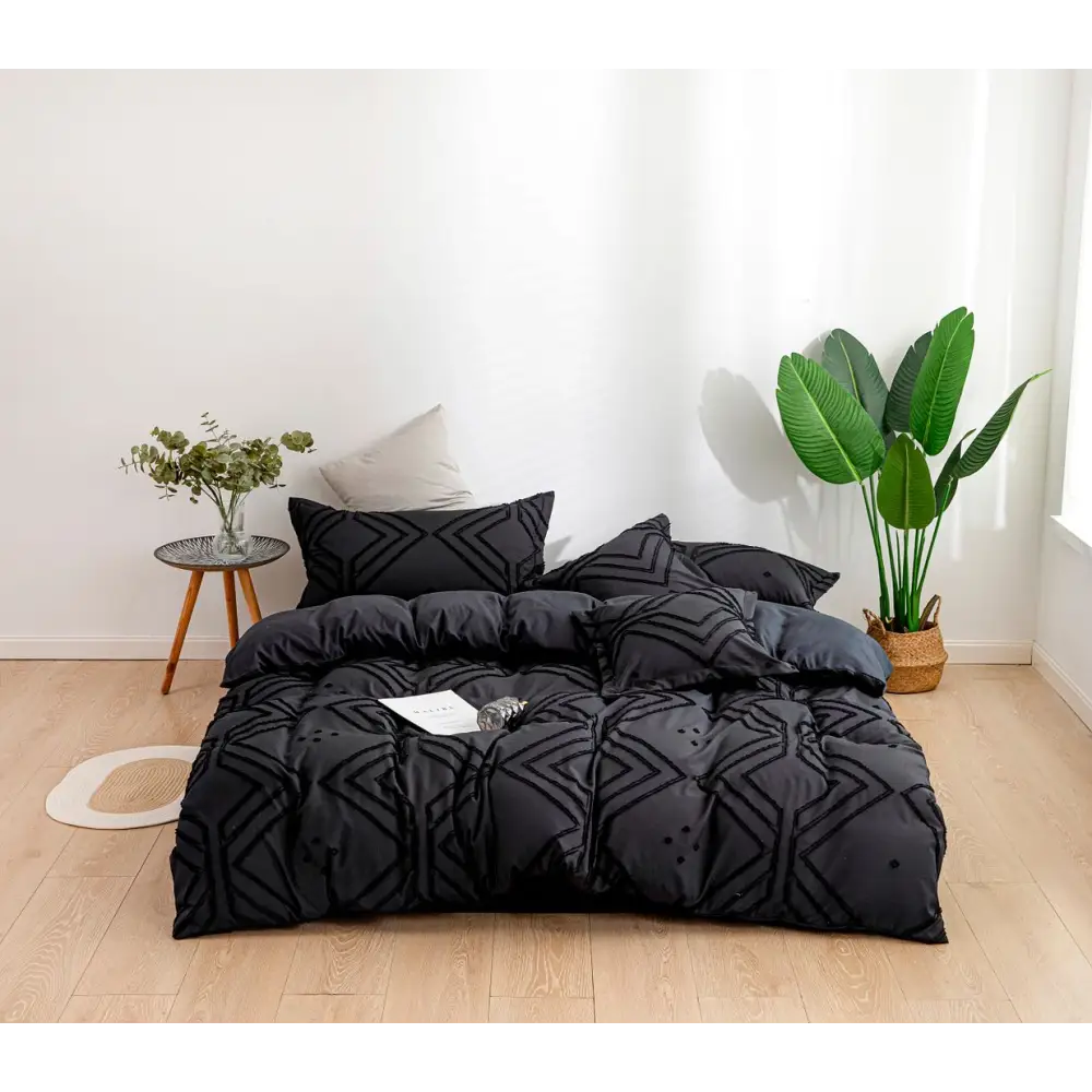 Tufted Textured Jacquard Queen Size Black Duvet Quilt Cover Set - Home & Garden > Bedding