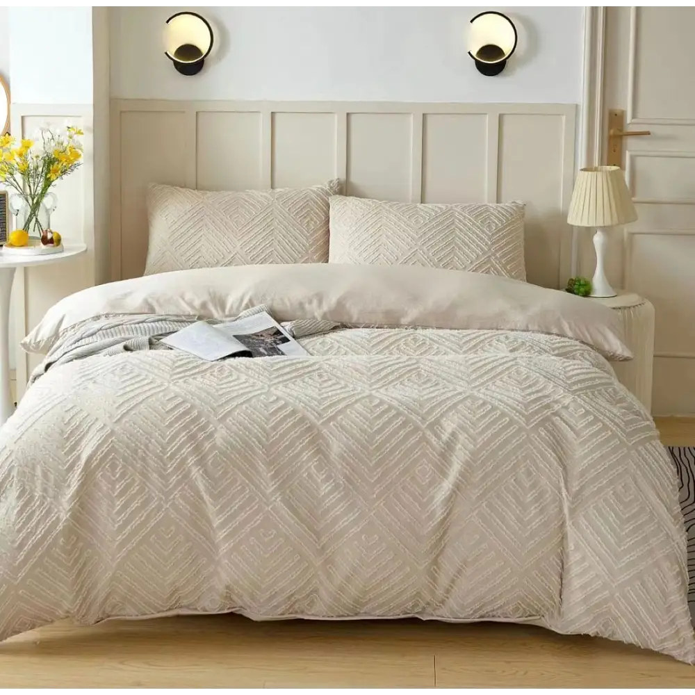 Tufted Textured Jacquard Quilt Cover Set- Beige - King Size - Home & Garden > Bedding