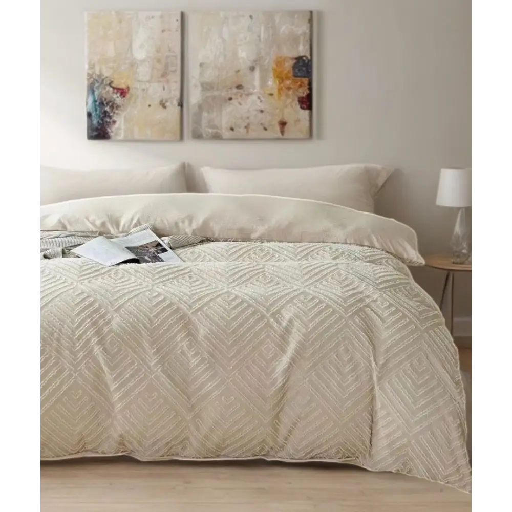 Tufted Textured Jacquard Quilt Cover Set- Beige - King Size - Home & Garden > Bedding