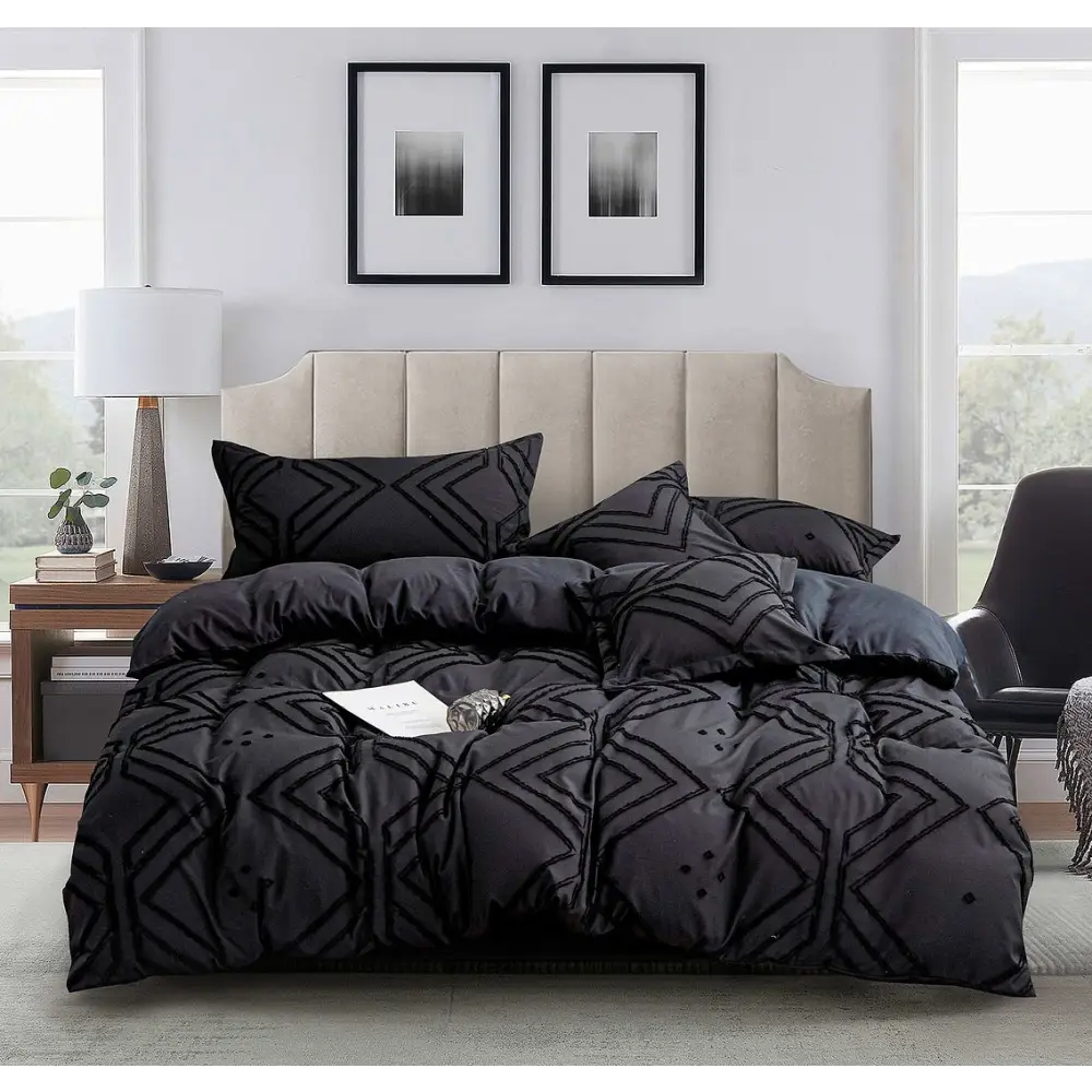 Tufted Textured Jacquard Super King Size Black Duvet Quilt Cover Set - Home & Garden > Bedding