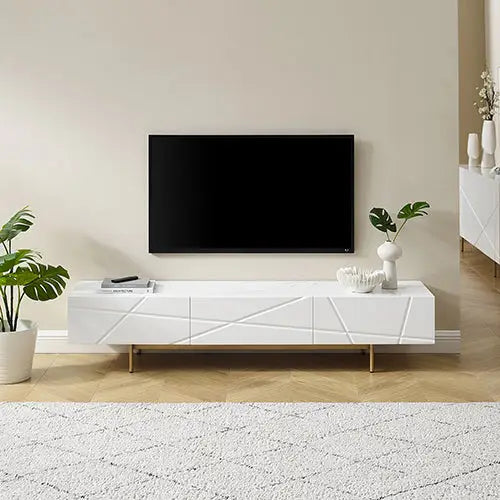 TV Cabinet MDF Glossy Storage Drawers Metal Base Entertainment Unit - Furniture > Living Room > TV Units