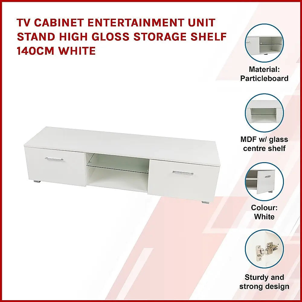 TV Entertainment Unit Stand High Gloss Storage Shelf 140cm White - Furniture > Office