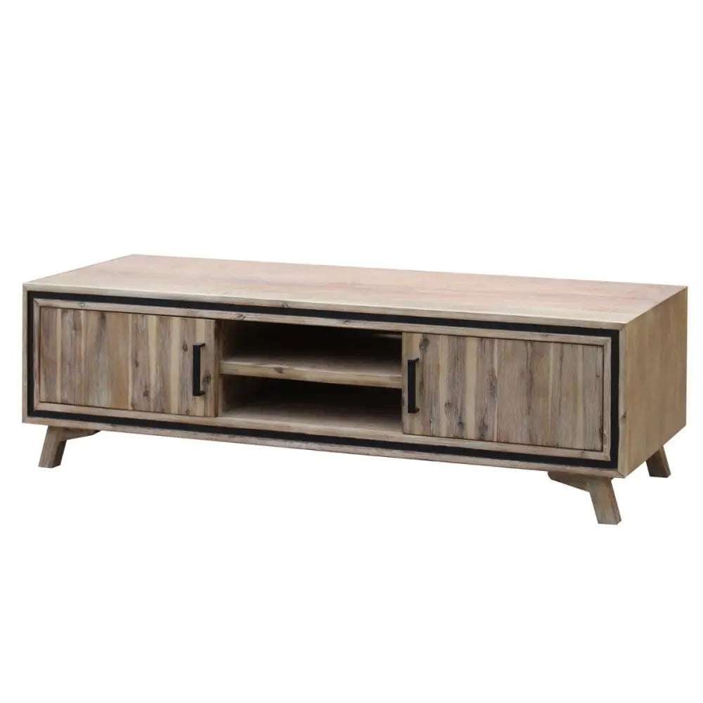 TV Entertainment Unit with 2 Storage Drawers Solid Acacia Wooden in Sliver Bruch Colour - Furniture > Living Room