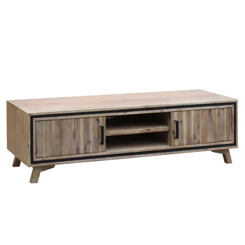 TV Entertainment Unit with 2 Storage Drawers Solid Acacia Wooden in Sliver Bruch Colour - Furniture > Living Room