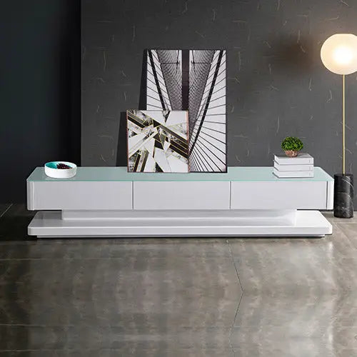 TV Entertainment Unit with 3 Storage Drawers With High Glossy Assembled in White colour - Furniture > Living Room