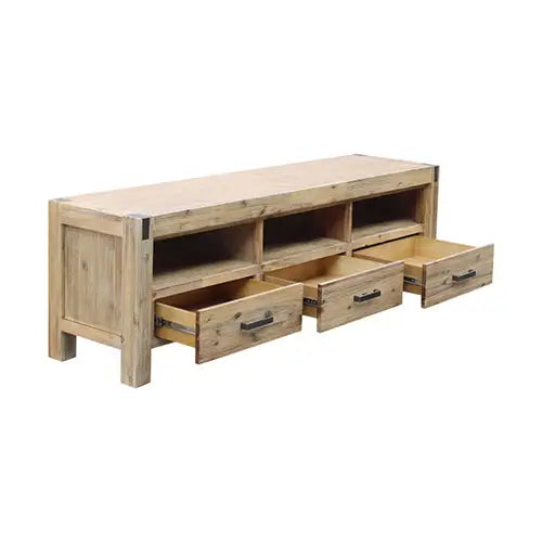 TV Entertainment Unit with 3 Storage Drawers with Shelf Solid Acacia Wooden Frame in Oak Colour - Furniture > Living