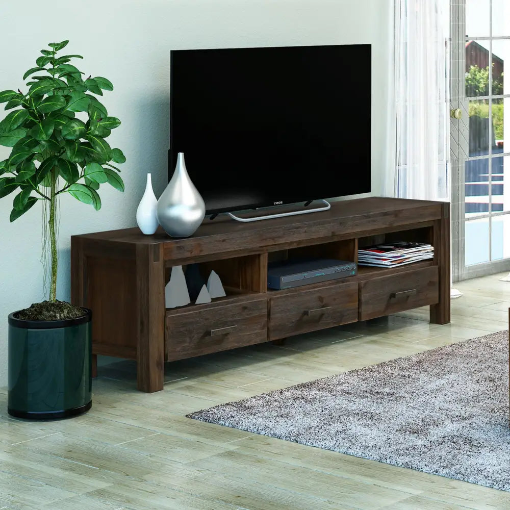 TV Entertainment Unit with 3 Storage Drawers with Shelf Solid Acacia Wooden Frame in Chocolate Colour - Furniture >