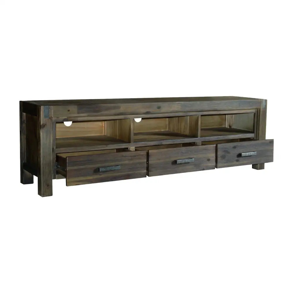 TV Entertainment Unit with 3 Storage Drawers with Shelf Solid Acacia Wooden Frame in Chocolate Colour - Furniture >