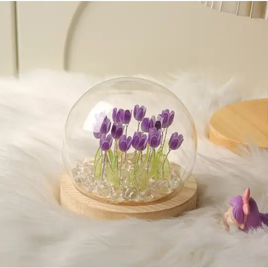 (Twenty Purple Tulips) Glowing Tulip Dome Lamp - Wooden Base Bedside Table Decoration - Home & Garden > Lighting >