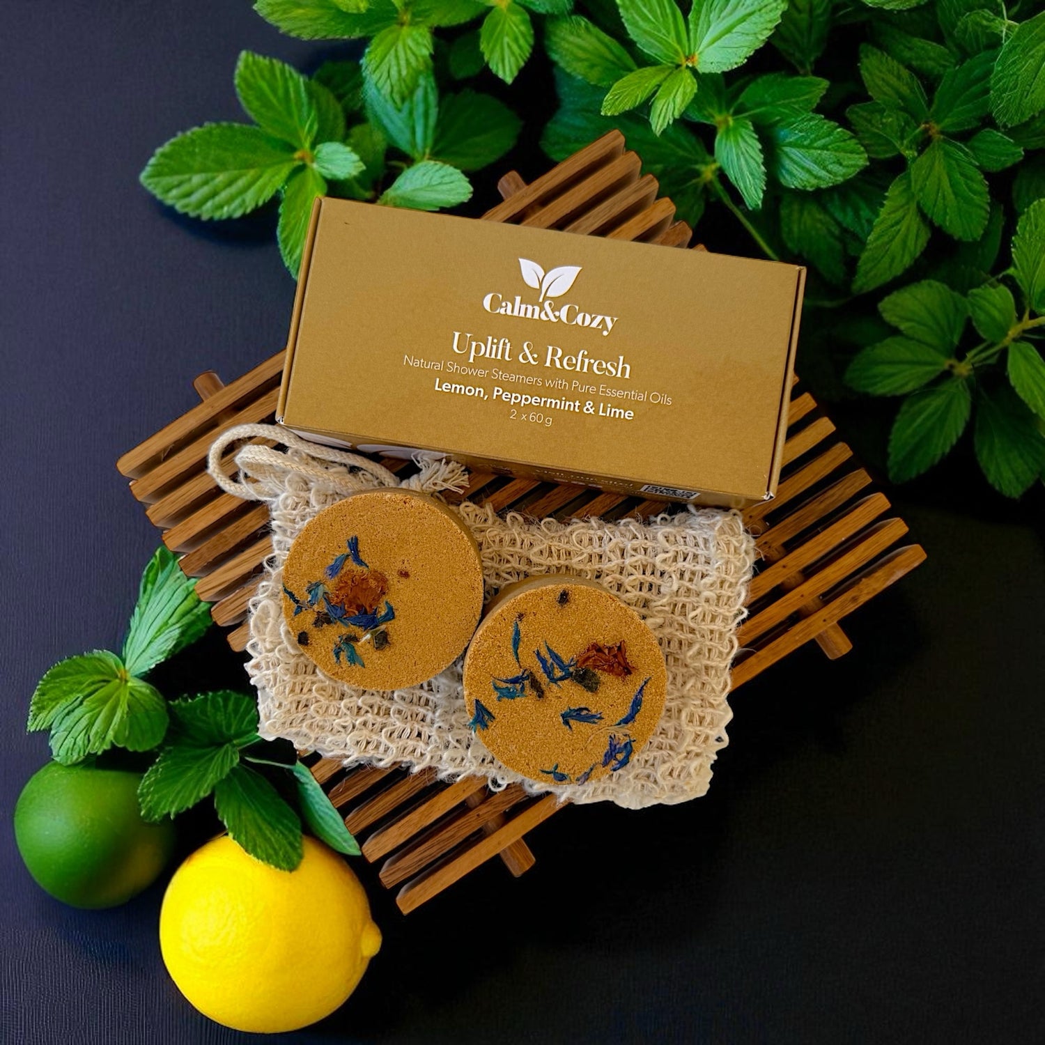Calm & Cozy product with decorative elements on a dark background